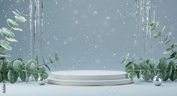 Obraz Winter beauty background with ice, eucalyptus and minimal podium