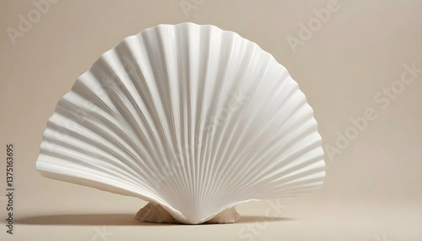Fototapeta A studio shot of a white scallop shell, showcasing its intricate ribbed texture and fan-like shape, set against a neutral background