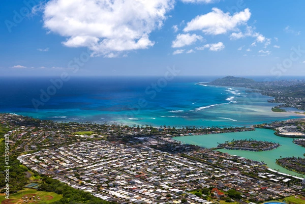 Fototapeta Aerial view of Oahu’s coastline and neighbourhoods near Koko Head.