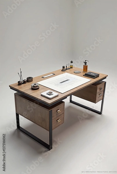 Fototapeta A futuristic, modern desk tailored for designers and creative professionals. The desk features a modular, multi-functional surface with sections for manual sketching, a built-in digital drawing 
