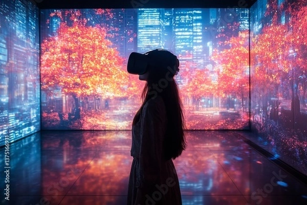 Fototapeta A person is engaged in a virtual reality experience, surrounded by stunning three-dimensional visuals of a colorful cityscape with autumn scenery Generative AI