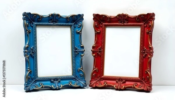 Obraz Two ornate picture frames, one blue and one red, stand side by side against a white background