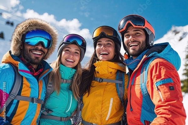 Fototapeta Lively Friends Enjoying a Sunny Day at a Caribbean Ski Station in Colorful Winter Apparel