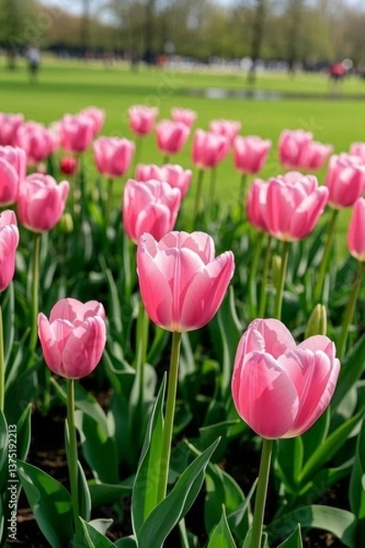 Fototapeta pink tulips in a field of green grass with a park in the background