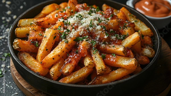 Fototapeta Gourmet Truffle Fries Topped with Cheese and Herbs in a Rustic Bowl