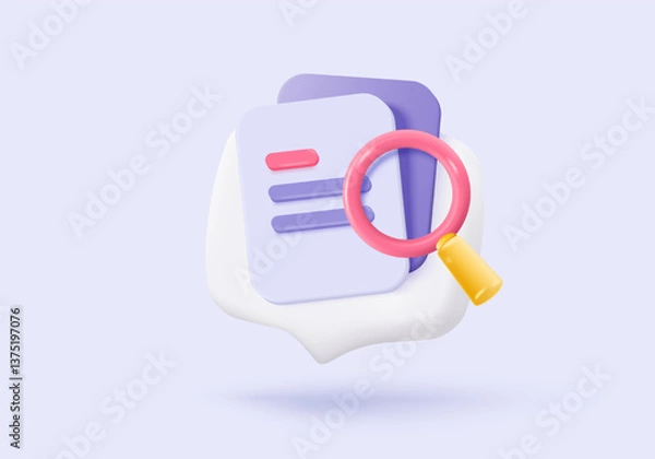 Fototapeta 3d media file management icon. Searching image and video in organization database. paperwork sharing soft, document flow app, compound docs find concepts. 3d magnifying icon vector render illustration