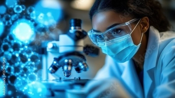 Fototapeta Scientist wearing protective gear studying samples under a microscope in a laboratory environment, surrounded by abstract glowing forms.