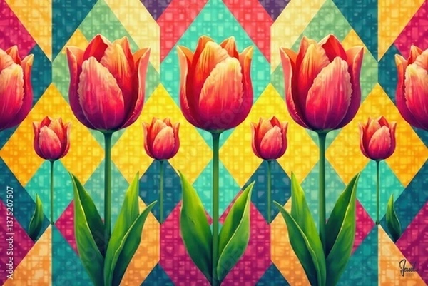 Fototapeta Bold, graphic tulips in a vibrant, repeating geometric design , arte, textile