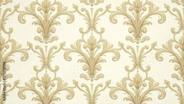 Fototapeta Elegant scrolling acanthus leaves form a repeating damask pattern on a subtle cream background , leaf, wallpaper design