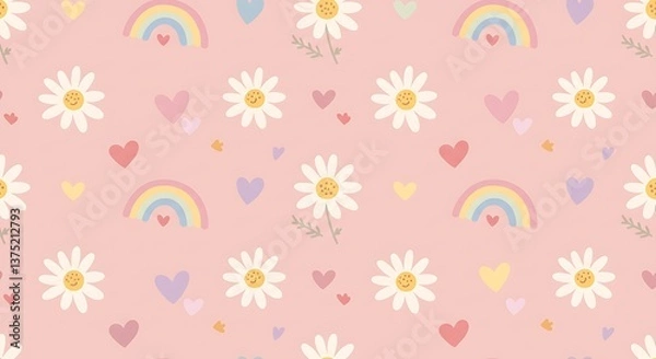 Fototapeta Pastel Dreams Daisies And Rainbows Seamless Pattern AI Generated