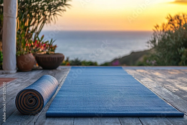 Fototapeta Yoga Mat at Sunset on a Deck Overlooking Ocean