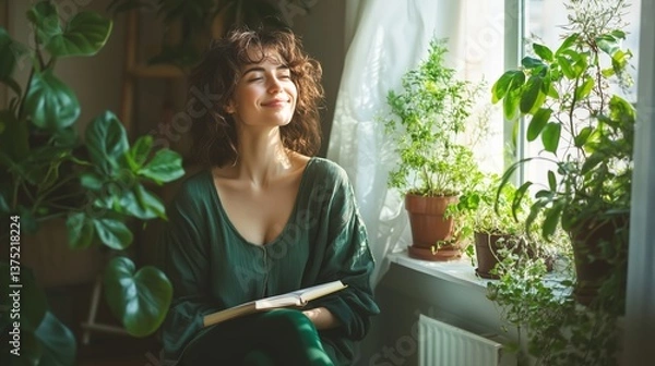Obraz A woman sits peacefully by a sunlit window, journaling in a notebook with a pen—fully immersed in a moment of gratitude. 