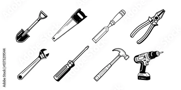 Fototapeta vector illustration of a silhouette of different icons set in a workshop
