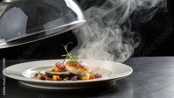 Fototapeta Molecular Gastronomy modern A macro shot showcasing a glass cloche highlighting modern molecular gastronomy techniques in culinary artistry. Culinary artistry menus.