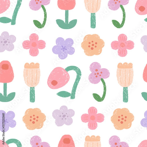Fototapeta Crayon drawn seamless pattern with various spring flowers