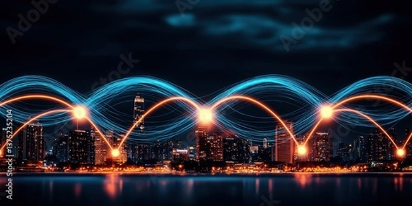 Fototapeta Futuristic city skyline at night with glowing network connections illustrating global data transfer and communication.