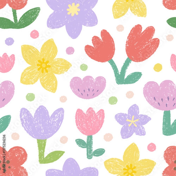 Fototapeta Spring seamless pattern with crocuses, poppies, tulips, daffodils