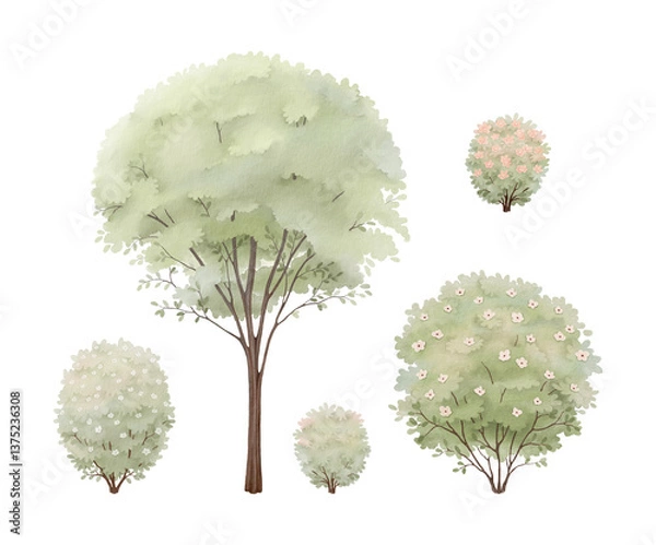 Obraz Watercolor trees and set of bushes, isolated collection for your delicate nature design. 