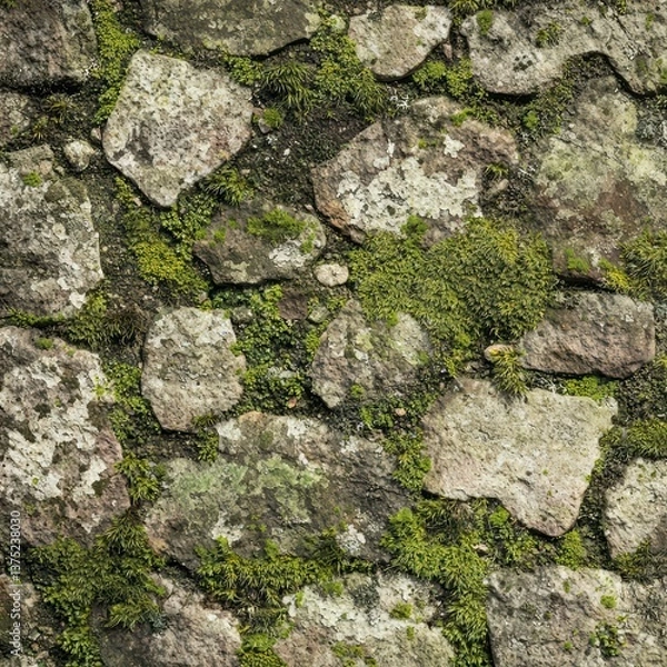 Obraz Ancient Stone Wall with Moss: This image showcases a close-up of an aged stone wall, weathered by time and adorned with vibrant patches of green moss, creating a textured and organic display.