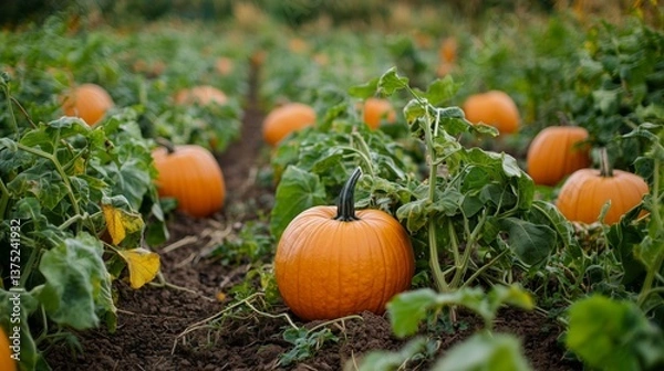 Fototapeta Pumpkins growing in a field with lush green vines under a clear sky during autumn harvest time