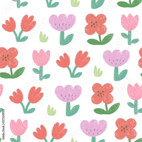 Fototapeta Spring hand drawn seamless pattern with tulips, chalk texture