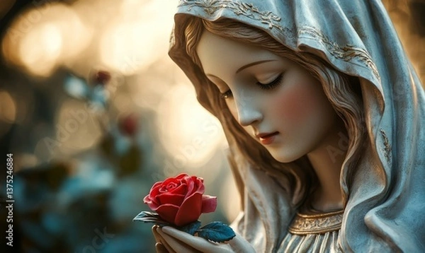 Fototapeta The Blessed Virgin Mary with a red rose in her hands. Immaculate Heart of the Holy Mary - Nativity scene, Generative AI