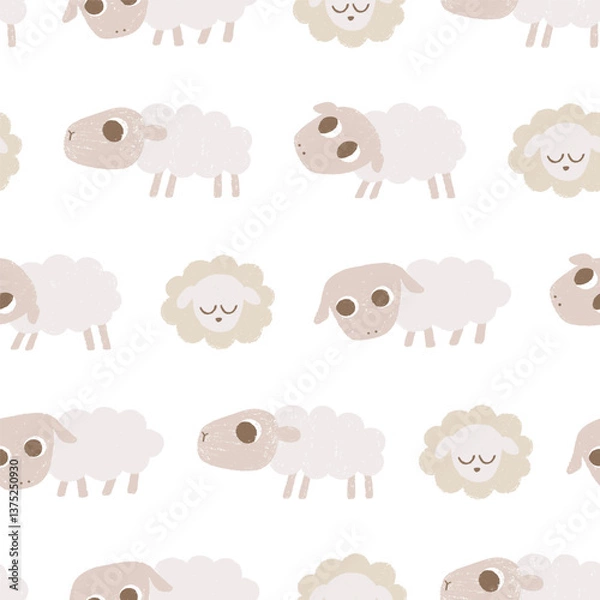 Fototapeta Hand drawn seamless pattern with various painted chalk sheeps