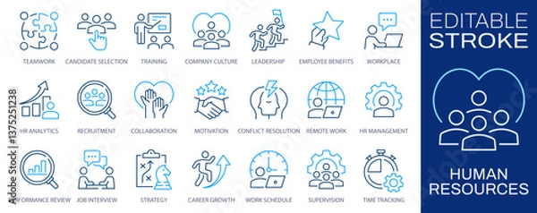 Obraz Human resources icons, such as recruitment, hr management, collaboration, teamwork and more. Editable stroke. Change to any size and any color.