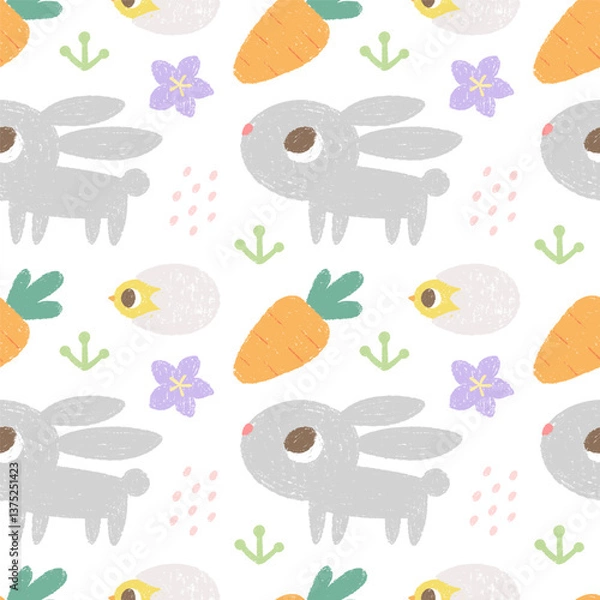 Fototapeta Spring kids seamless pattern with rabbit, chicken, carrot, crocus
