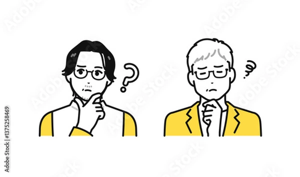 Obraz 悩む表情のビジネスカジュアルなミドル世代・シニア世代の男性のシンプルな人物アイコンセット