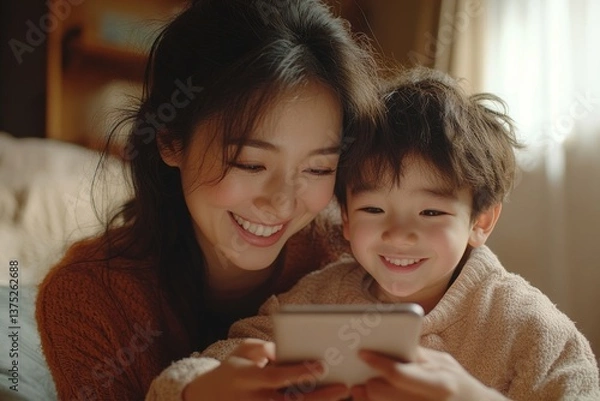 Fototapeta Close up smiling Asian mother with Caucasian son using phone together, looking at device screen, making video call or watching cartoons, hugging, spending leisure time with smartphone at
