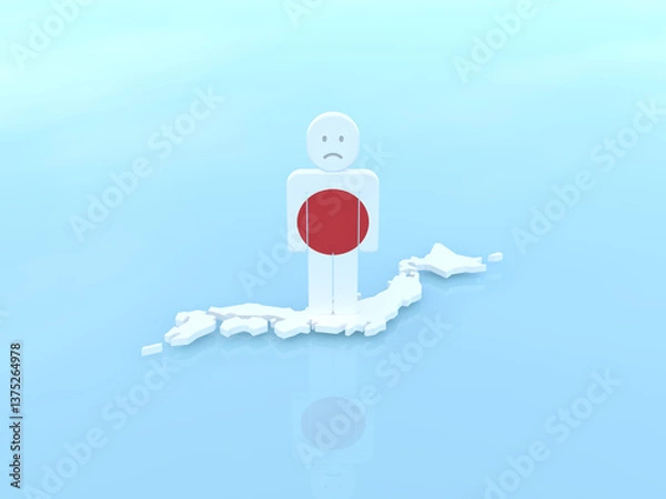 Obraz 白い日本の上に立つ怒るアイコン人　国旗　3Dイラストレーション