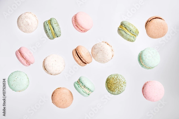 Obraz Macarons cake, top view flat lay, handmade pattern on pink background