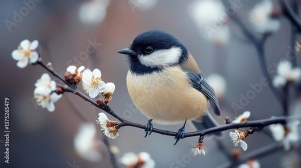 Obraz Charming Black-Capped Chickadee Perched on Blooming Branch