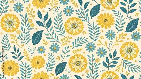 Obraz seamless floral pattern featuring yellow and blue flowers with intricate petal designs, complemented by green and blue leaves on a light cream background, ideal for wallpapers, fabrics, gift wrapping