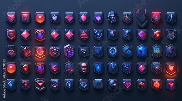 Obraz Collection of Futuristic Glowing Game Badges or Awards Sci fi UI Design Elements