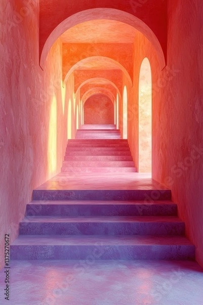 Fototapeta Colorful architectural passageway with arches and stairs in soft hues