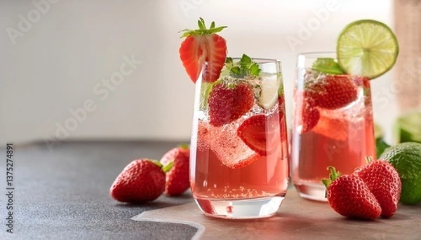 Fototapeta Strawberry Lime Fizz- A sparkling drink made with fresh strawberries, lime juice, and soda water