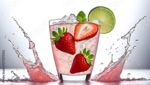 Fototapeta Strawberry Lime Fizz- A sparkling drink made with fresh strawberries, lime juice, and soda water