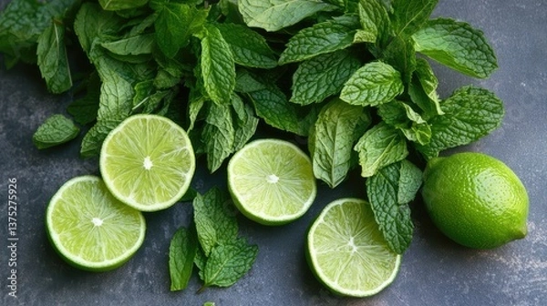 Fototapeta A clean shot of fresh mint leaves and lime slices, with space above for marketing copy or text.