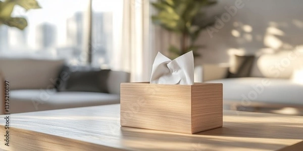 Fototapeta Detailed close-up view of a rustic wooden tissue box set on a modern table in a bright living room