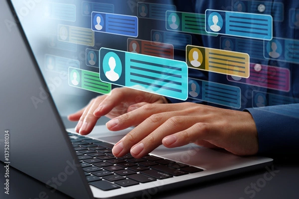Obraz Businessman messaging team with using laptop computer. Collaboration platform. Employee communication and knowledge sharing on discussion forums in internal social network.