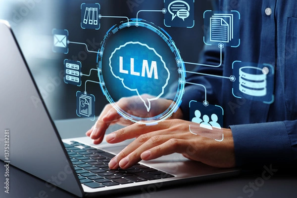 Fototapeta LLM large language model and custom AI solutions. Artificial intelligence driven automation technology. Businessman using laptop computer for training and instructing AI.