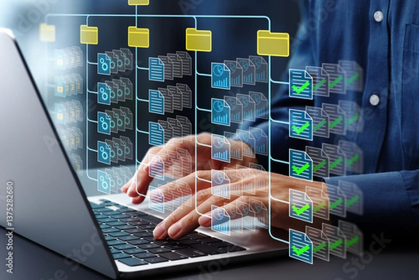 Obraz Document management system DMS. Folder structure and classification system. File and folder icons. Businessman using laptop computer for controlling document versions.
