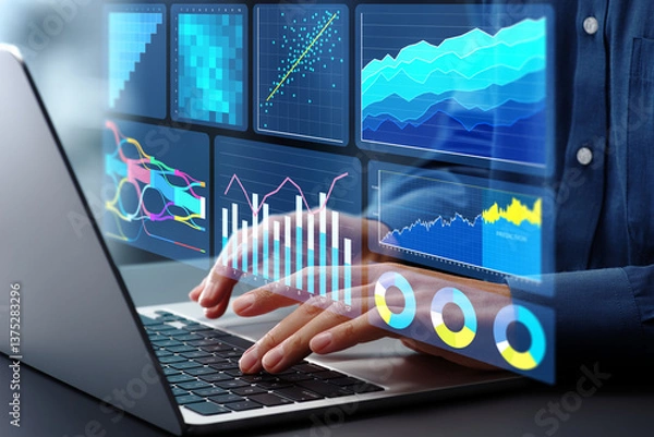 Fototapeta Marketing analysis of customer behavior data. Graphs of statistical web analytics and predictive financial analytics on dashboard. Analyst using laptop computer to analyze data.