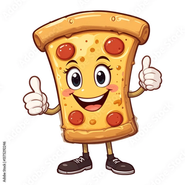 Obraz Cheerful vector pizza slice cartoon character giving a thumbs up, PNG style.