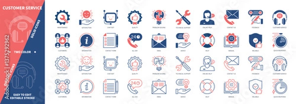Fototapeta Customer Service icon set. Feedback, Maintenance, Advice, Quick Response, Information, Reliable, Problem Solving, Technical Support. Duotone color solid and editable outline icons