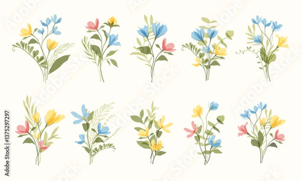 Obraz Set of soft dreamy romantic flowers, botanical illustrations, gentle bouquets. Nature colored wildflowers in flat style. Collection for wedding invitations, seasonal graphics, spring and summer design