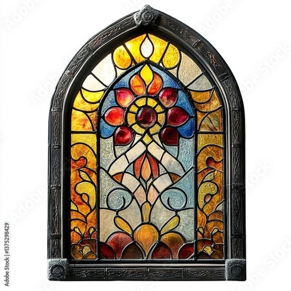 Fototapeta Front view of a leaded glass window isolated on a white background