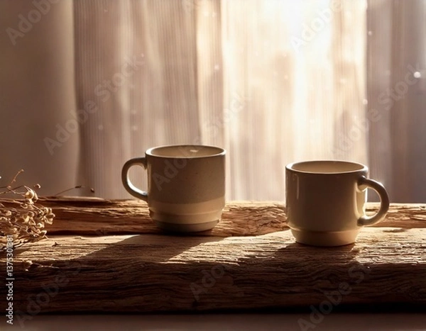 Fototapeta 木目の美しいテーブルとコーヒー